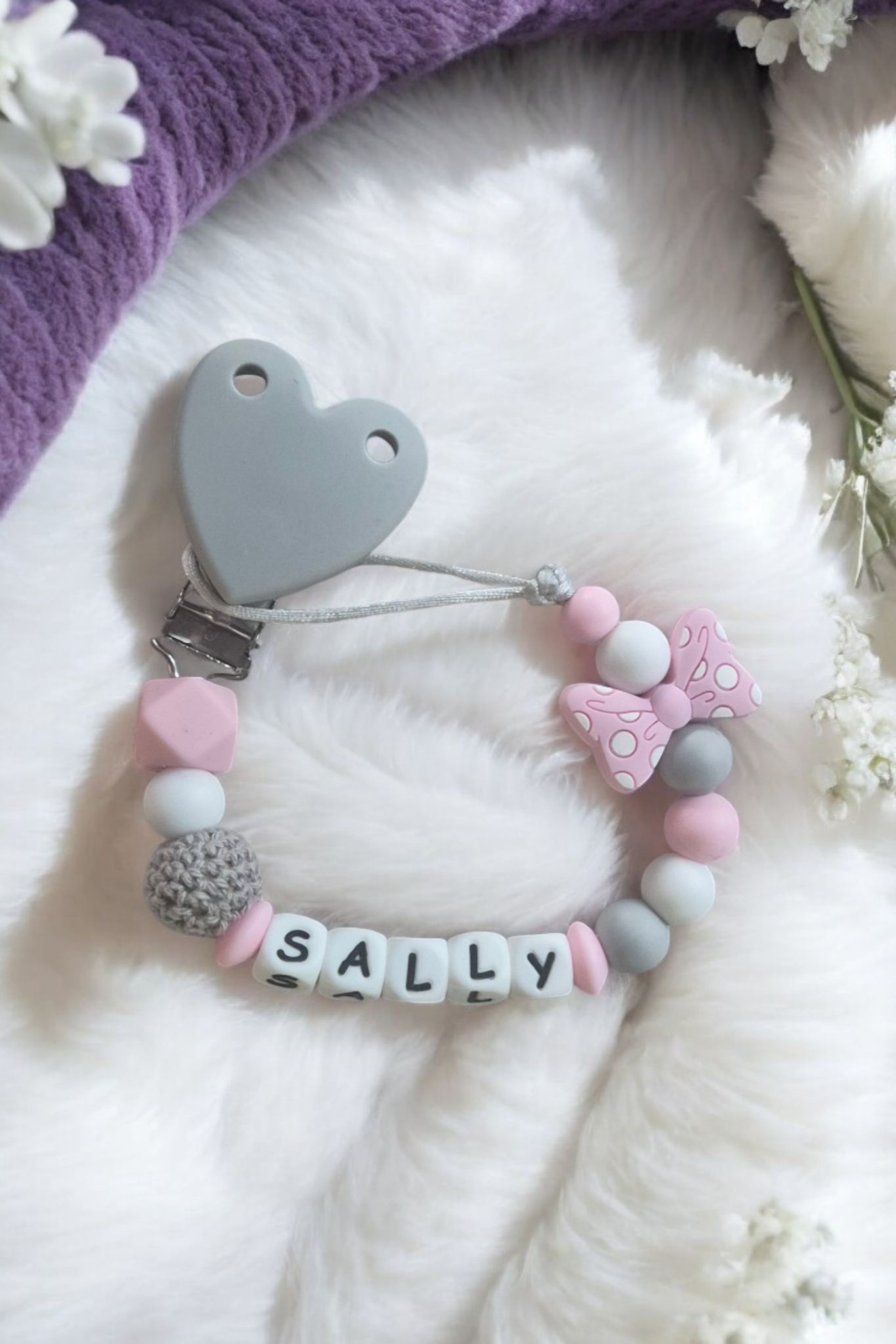 Dotty Love Bow Personalised Baby Dummy Clip