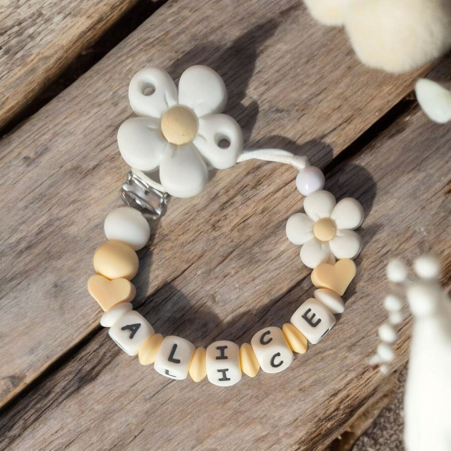 Soft Daisy Luxe Personalised Baby Dummy Clip