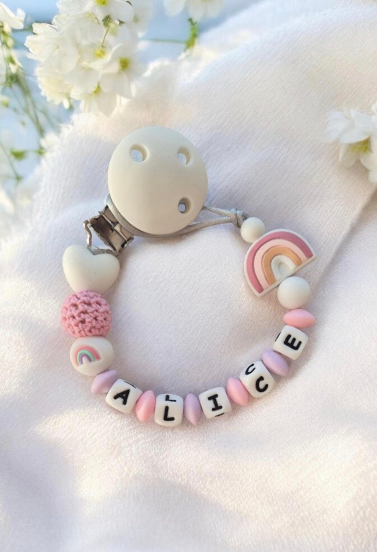 Little Rainbow Luxe Personalised Baby Dummy Clip